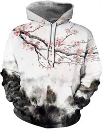 Men's Hoodies Spring Autumn Sports Causal Plum Blossom Wave Forest Coconut Tree Pullover Sweatshirs Polyester Pocket Hooded Jacket