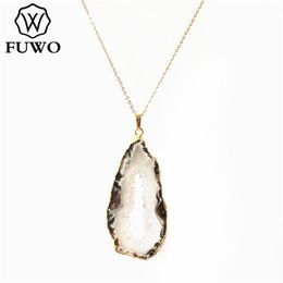 Pendant Necklaces FUWO Natural Geode Agates Necklace With Gold Trimmed Fashion Irregular Shape Druzy Quartz Jewelry For Women Gift NC261