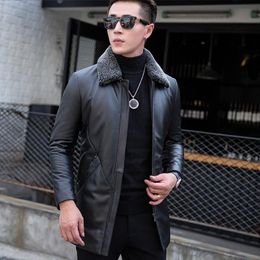 Men's Leather & Faux Genuine Winter Warm Jacket Men Brand Real Wool Collar Detachable Zipper Medium Long Coat Black Casual Business Outerwea