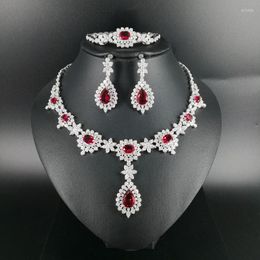 Necklace Earrings Set 2023 FASHION Luxury Vintage Red CZ Zircon Earring Bracelet Ring Wedding Bridal Banquet Dressing Jewellery
