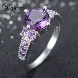 Wedding Rings Bamos Charming Round Purple Birthstone For Women Men Silver Colour Cubic Zirconia Ring Jewellery RS0004