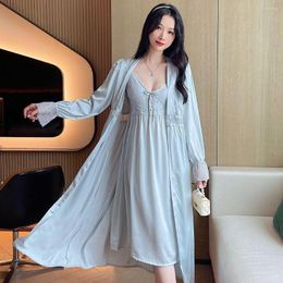 Women's Sleepwear Sexy Women's Two-piece Pyjamas Long Suspender And Cape Nightgown Ice Silk Nightdress Lace French Romantic Skirt