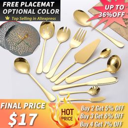 Dinnerware Sets 11Pcs Golden Tableware Party Set Stainless Steel Serving Cutlery Butter Knife Noodle Spoon Pizza Salad Fork