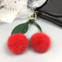 Keychains Wholesale Imported Real Cherry Key Chain Red Blue Pink White Genuine Pom Handbag Pendant Plush Jewellery