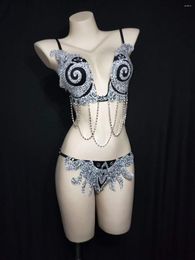 Stage Wear Sexy Spaghetti Strap Shining Rhinestones Sequins Women Bikini Beading Chain Nightclub DJ Bar Clothing Part Rave Costumes