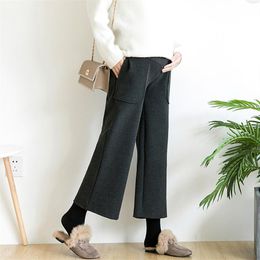 Maternity Bottoms Poungdudu 2023 Winter Pants For Pregnant Women Belly Wide Leg Trousers Woolen Casual Solid Straight Loose Office Lady