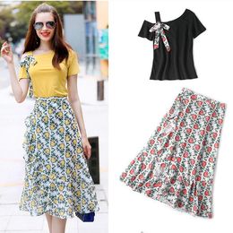 Two Piece Dress Skirt Suit Summer Women's Off Shoulder Bows Tees Tops And Fresh Floral Print Ruffles Young Ladies OL Sets NS650Two