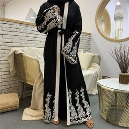 Ethnic Clothing Muslim Woman's Dress Fashion Mesh Stitching Embroidery Loose Lace-up Cardigan Robe Dubai Long Belt Donsignet
