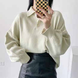 Women's Sweaters Turn-down Collar Ladies Sweater Knitted Lantern Sleeve Button Loose Jumper Female 2023 Autumn Warm Solid Casual Lady TopWom