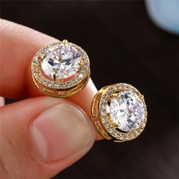 Stud Earrings Luxury Yellow Gold Crystal Stone Shining White Zircon Round For Women Wedding Vintage Fashion