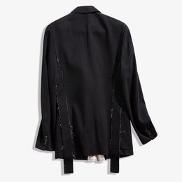 Women's Suits & Blazers Women Black Contrast Color Burr Split Blazer Lapel Long Sleeve Loose Fit Jacket Fashion Spring Autumn 2023
