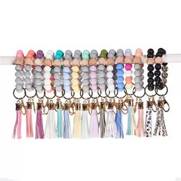 UPS Wooden Tassel Bead String Party Bracelets Keychain Silicone Beads Girl Key Ring Wrist Strap For Car Chain Wristlet Beaded Portable Gift 417