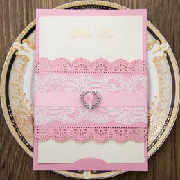 Greeting Cards White Pink Elegant Rhinestone Love Wedding Invitation Laser Cut Lace Invitations Card Supplies 50pcs/pack