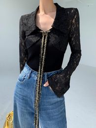 Women's Blouses French Style Lace Cardigan Tops Fashion Turn-down Hook Flower Crop Jackets Long Sleeve Braided Belt All-match Summer Sun