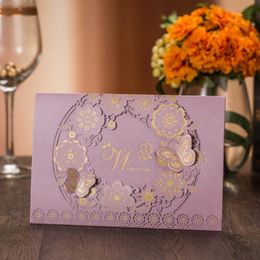 Greeting Cards 50pcs/pack Purple Romantic Wedding Party Event Invitation Card Bronzing Flowers With Envelope Blank Inner Page