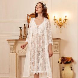 Women's Sleepwear Summer Mesh Lace Robe Sets 2PCS Full Sleeve Nightgown Strap Nighty Bride Kimono Gown Perspective Bathrobe Waistband Lounge