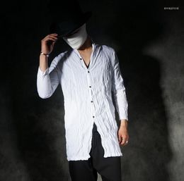 Men's T Shirts Autumn Pleated Long-sleeve Shirt Mens Vintage Chinese Style Tshirt Men Casual Cardigan Slim Medium-long Black White