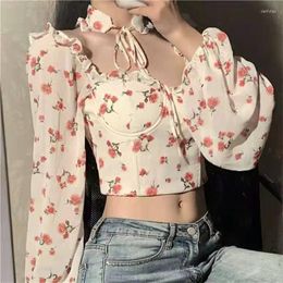 Women's Blouses 2023 Sexy Women Tops Gothic Floral Print Elegant Chiffon Blouse Shirts Long Sleeve Pink Lady Crop Clothing Wholesale