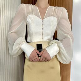 Women's Blouses Women's Short High Waist Blouse Mesh Stitching Close Thin Shirt Fashion V-Neck Top 2023 Spring And Summer