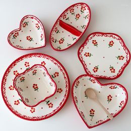 Plates Ceramic Hand Painted Underglaze Color Red Flowers Pearl Edge Household Cutlery Dish/Love Heart Plate