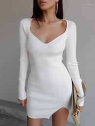 Casual Dresses CamKemsey Chic Square Collar White Knitted Sweater Dress Women Spring Autumn Long Sleeve Slim Fit Knit Bodycon Split Mini