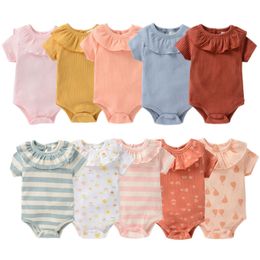 2023 Summer Short Sleeve Solid Color Ruffle Jumpsuit Newborn Baby Knitted Rompers 100% Cotton Onesie