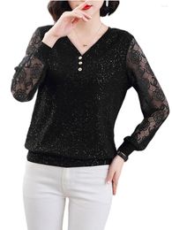 Women's Blouses 4XL Women Spring Autumn Shirts Lady Fashion Casual Long Sleeve V-Neck Collar Sexy Lace Embroidery Blusas Tops WY0790