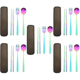 Flatware Sets 5 Stainless Steel Fork Spoon Chopstick Kit Long Handle