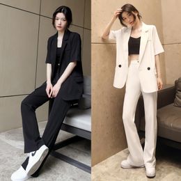 Women's Two Piece Pants Summer Office Women Pant Suit White Short Sleeve Blazer Loose Wide Leg Two-Piece Set Female OutfitWomen's