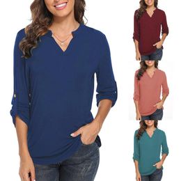 Women's Blouses & Shirts Soild Long Sleeve V-neck 3/4 Roll Tunic Tops Casual Boho Spring Autumn Solid Colour Tshirts Ropa Mujer