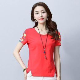 Women's T Shirts Geometric Print Women O-Neck Cotton Navy Ladies High Quality Short Sleeve Red Tee-Shirts Feminine Summer Autumn