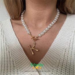 Pendant Necklaces Simulated Pearl Statement Necklace For Women Boho Jewelry Gold Bamboo Alphabet A-Z Initial Letter Pendants NecklacesToggle