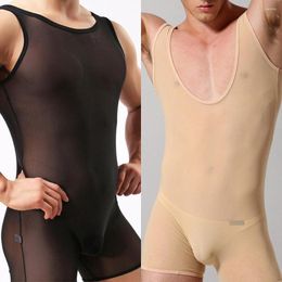 Men's Body Shapers Bodysuit Men Mesh Shapewear High Elastic Ultra-thin Transparent Gays Boxer Underwear Sheer Fabric T-Shirt Good