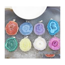 Pendant Necklaces 1Pcs Irregar Oval Sun Flower Druzy Geode Agates Siery For Diy Jewellery Woman Necklace Earring Making Accessories Dr Dh2Zk