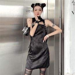 Ethnic Clothing Cheongsam Chinese Traditional Gothic Style Dark Black Sleeveless Tight Sexy Long Dresses Harajuku High Waist Sling Vintage