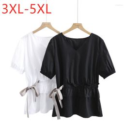 Women's Blouses 2023 Ladies Summer Plus Size Tops For Women Large Blouse Short Sleeve Loose Black White Ruffle Bow V-neck Shirt 3XL 4XL 5XL