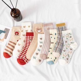Women Socks Middle Tube Spring And Autumn Cutie Grid Preppy Style Japanese Fashion Cotton Woman