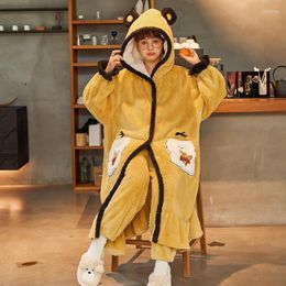 Women's Sleepwear Autumn Winter Lounge Flannel Women Sleep Robe Sets Thick Warm Coral Velvet Loose Casual Bathrobe Cartoon Hooded