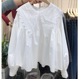 Women's Blouses Autumn Women Lace Stitching Shirt Loose Baby Collar Korea 2023 Camisas De Mujer Womens Tops