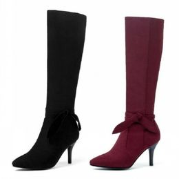 Boots Ladies Womens Mid Calf Knee High Bowknot Stiletto Heel Zip Up 44/48 Warm Winter Shoes Plus Size 2023