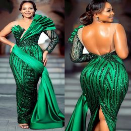 Arabic Aso Ebi Green Sheath Prom Dresses Deep V-Neck Backless Evening Formal Party Second Reception Birthday Engagement Gowns Dress Zj055 407