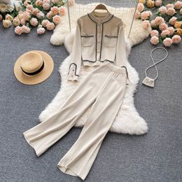 Ny Autumn Korean Fashion Casual Knit Two Piece Set Women Sweater Cardigan Crop Top Wide Leg Pant Suits Tracksuit 2 Piece Set 2023