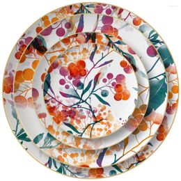 Plates Luxury Stripe Gold Inlay Ceramic Dinner Plate Round Dessert Steak And Dishes Flowers Plants Charger Dinnerware