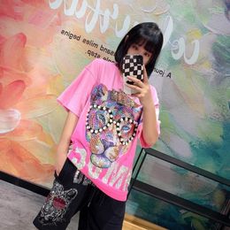 Women's T Shirts Luxury Tide Brand Summer Women Clothes Beaded Glasses Colored Drilling Gradient Tie-dye Pink Short Sleeve Street TopWomen's