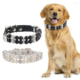 Dog Collars Cat Pearl Collar With Crystal Rhinestone Diamond Decor Pet Adjustable PU Leather Necklace Accessories For Wedding Party