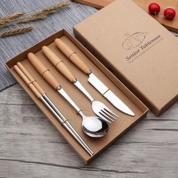 Dinnerware Sets Wooden Handle Tableware Set Western Steak Knife And Fork Stainless Steel Chopsticks Spoon Four Pieces Gift Box