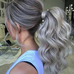 Wavy Grey pony tail hairpiece wraps around ponytail drawstring cip in human hair long short high curly weave custom made women girl style fashion stunning