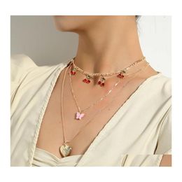 Pendant Necklaces Bling Rhinestone Cherry Heart Choker For Women Fashion Butterfly Thick Chain Mtil Necklace Bijoux Jewellery Drop Del Dhrdb