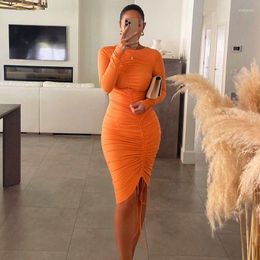 Casual Dresses Women O Neck Long Sleeve Drawstring Midi Dress Sexy Ruched Bodycon Robe 2023 Fall Solid Colour Elegant Party Club Outfits