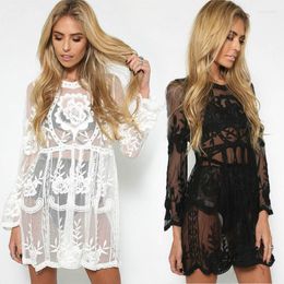 Casual Dresses Swimwear Cover-Ups Boho Sexy Club Dress Women Robe De Plage Summer Beach Floral Lace Mesh Sheer Mini